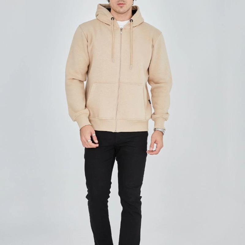 Tam Fermuarlı Kapşonlu  SweatShirt - Bej -